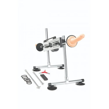 The adjustable sex machine with one realistic dildo, arranged for optimal use and featuring a sleek metallic design.